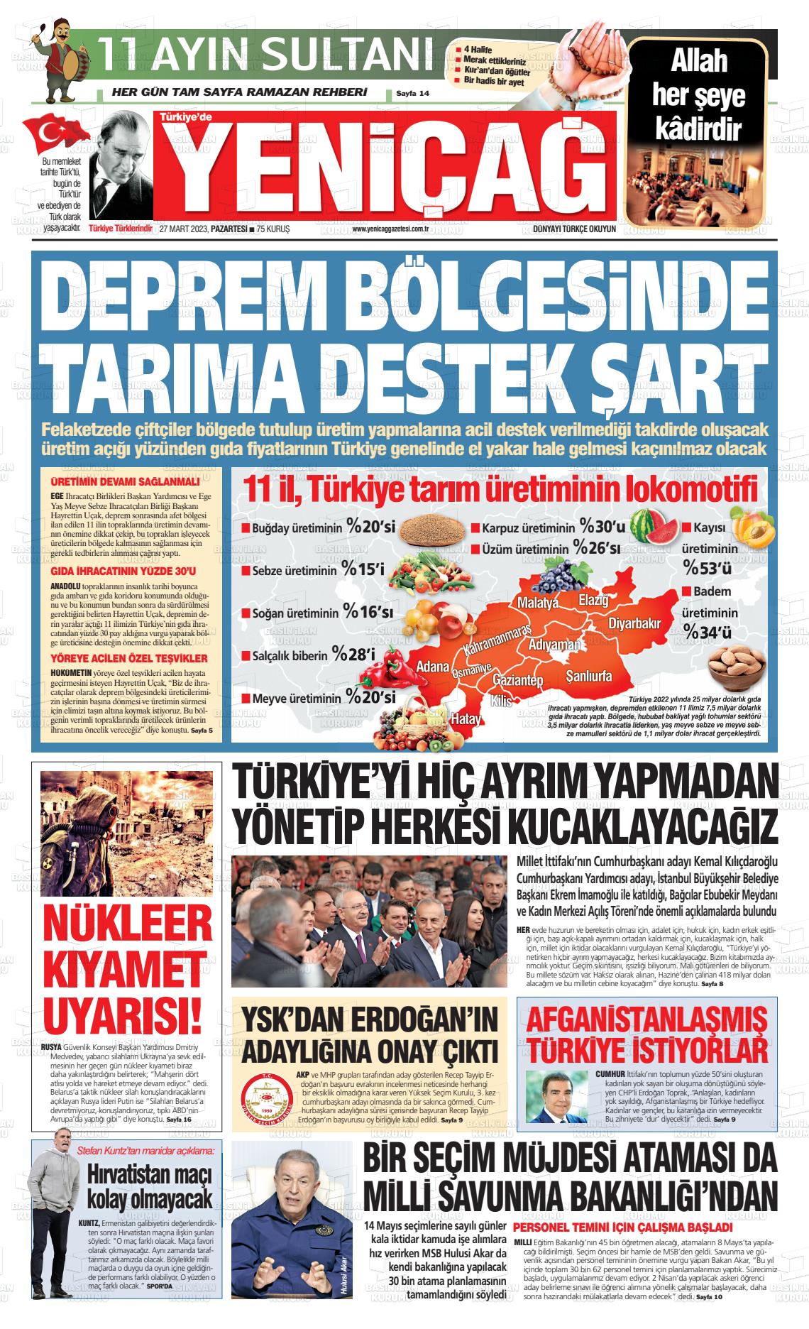 27 Mart 2023 Yeniçağ Gazete Manşeti