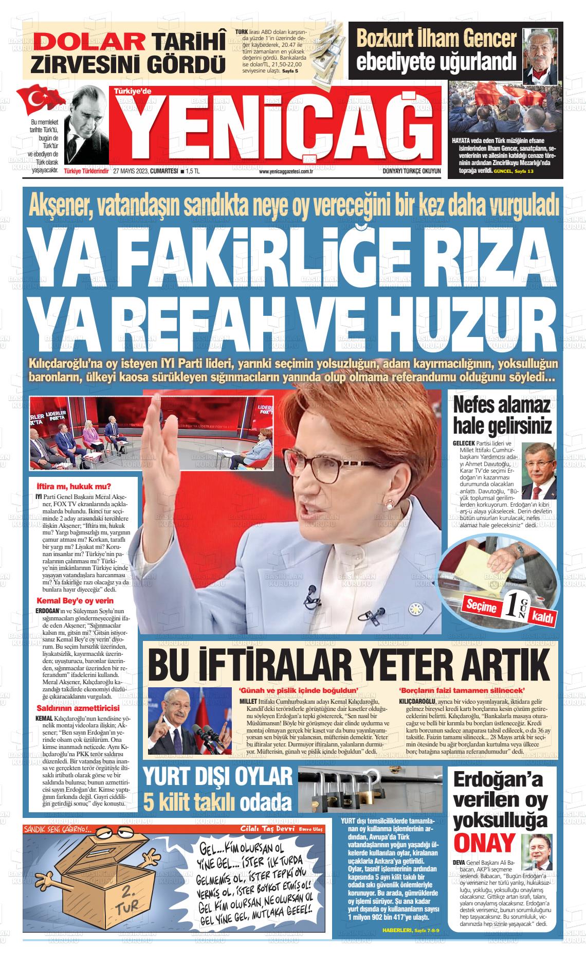 27 Mayıs 2023 Yeniçağ Gazete Manşeti