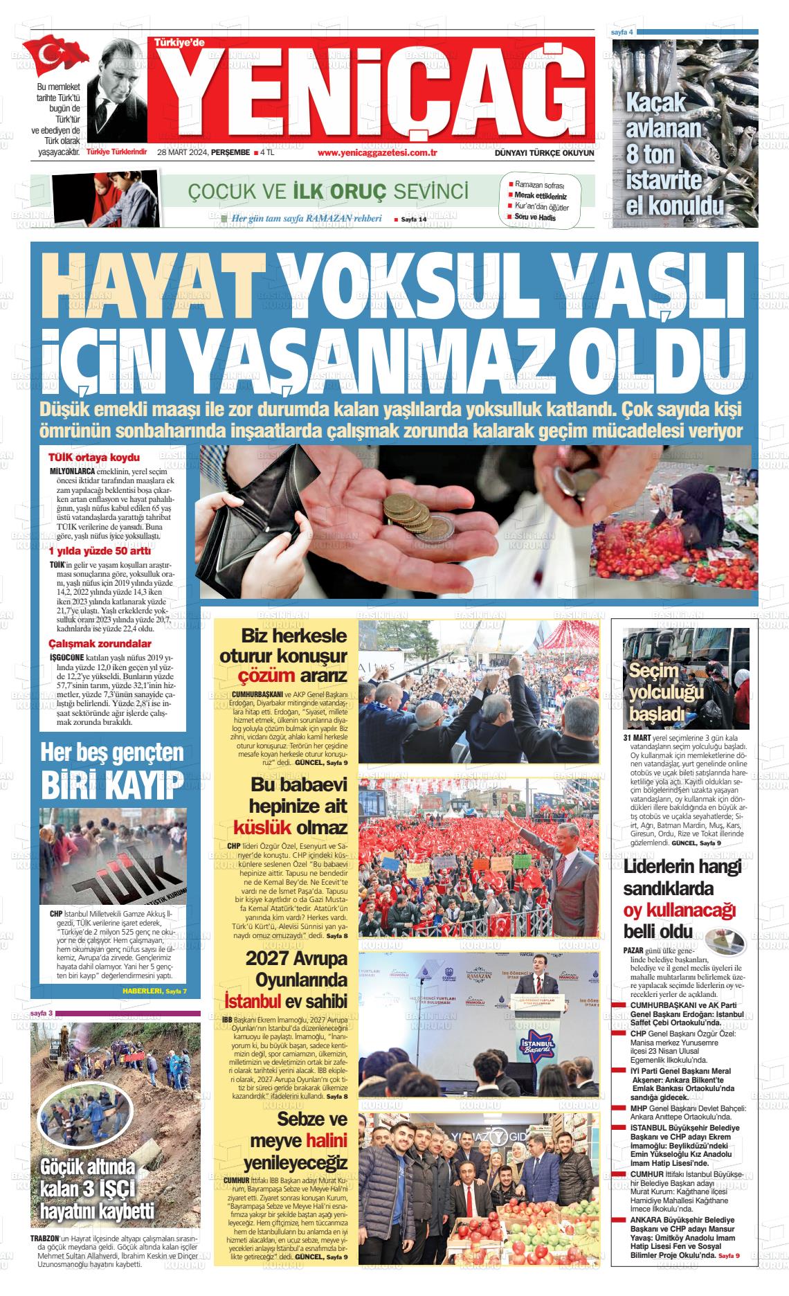 28 Mart 2024 Yeniçağ Gazete Manşeti