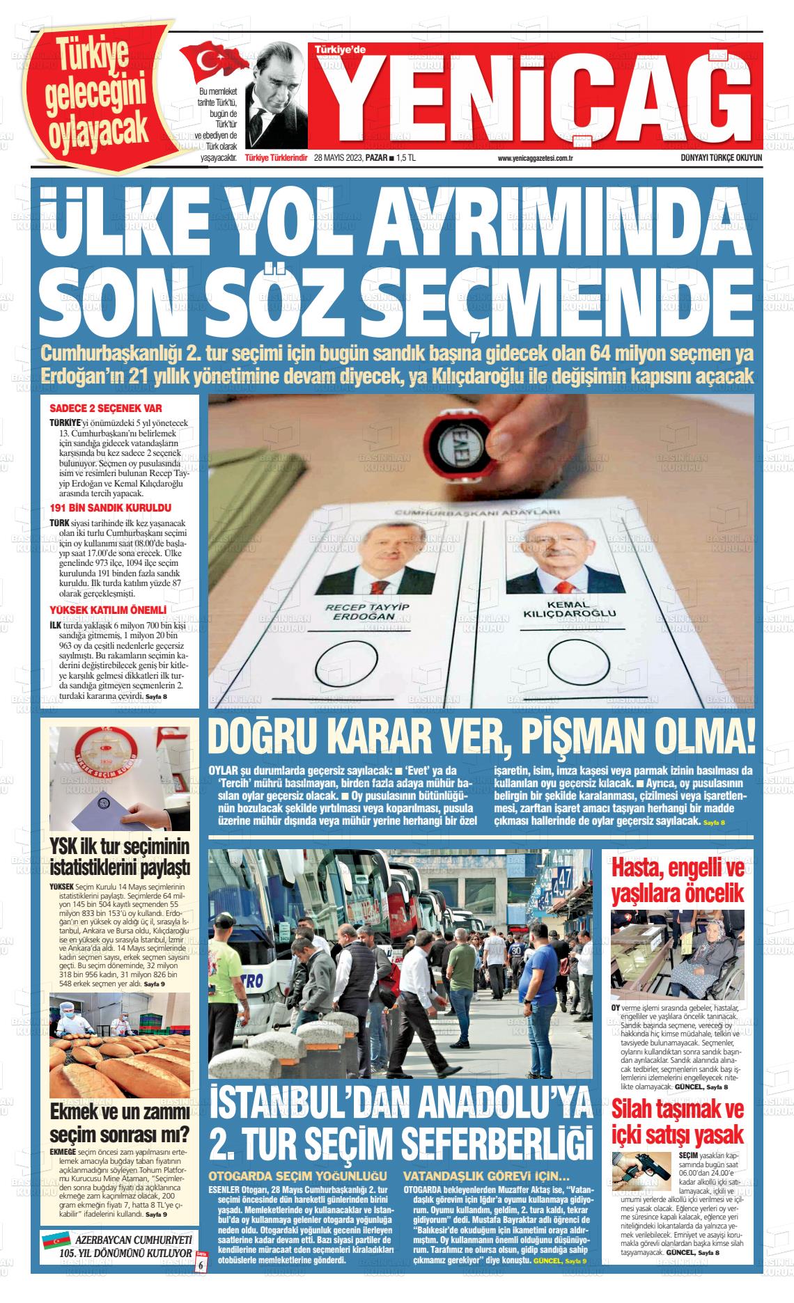 28 Mayıs 2023 Yeniçağ Gazete Manşeti