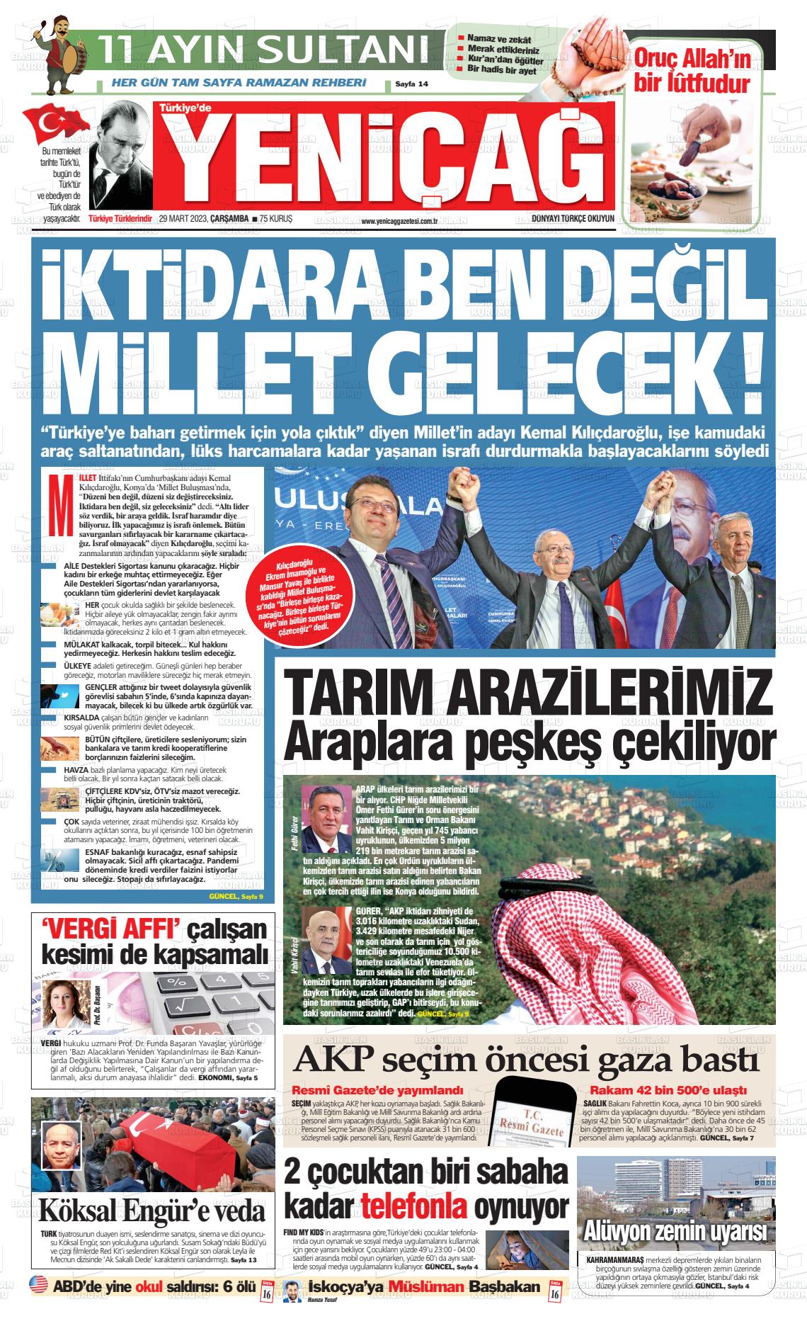 29 Mart 2023 Yeniçağ Gazete Manşeti