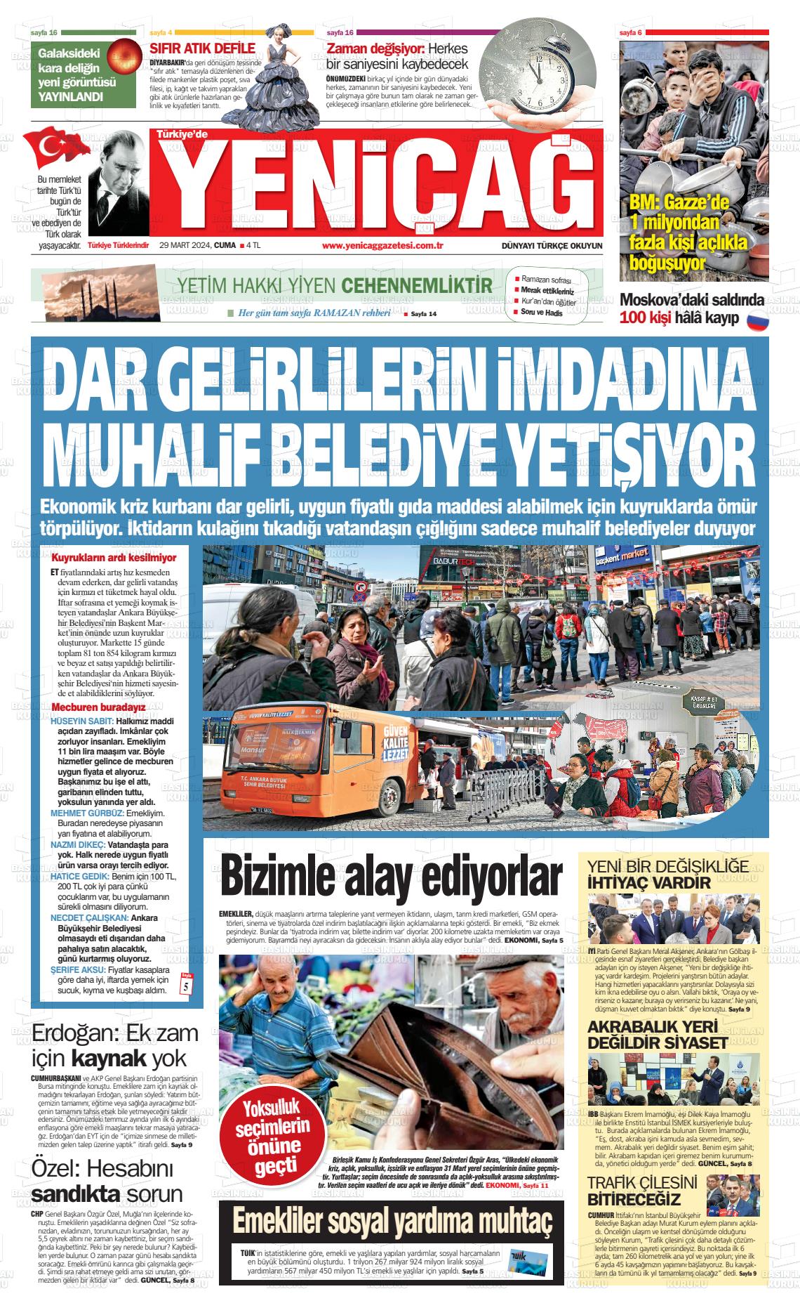 29 Mart 2024 Yeniçağ Gazete Manşeti