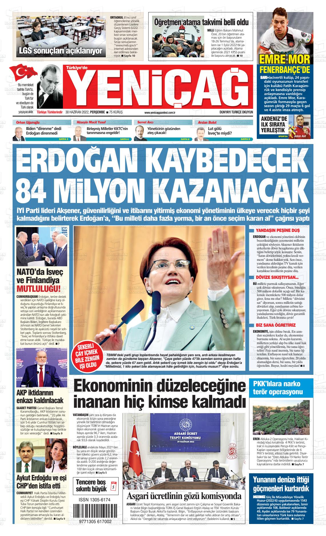 01 Temmuz 2022 Yeniçağ Gazete Manşeti