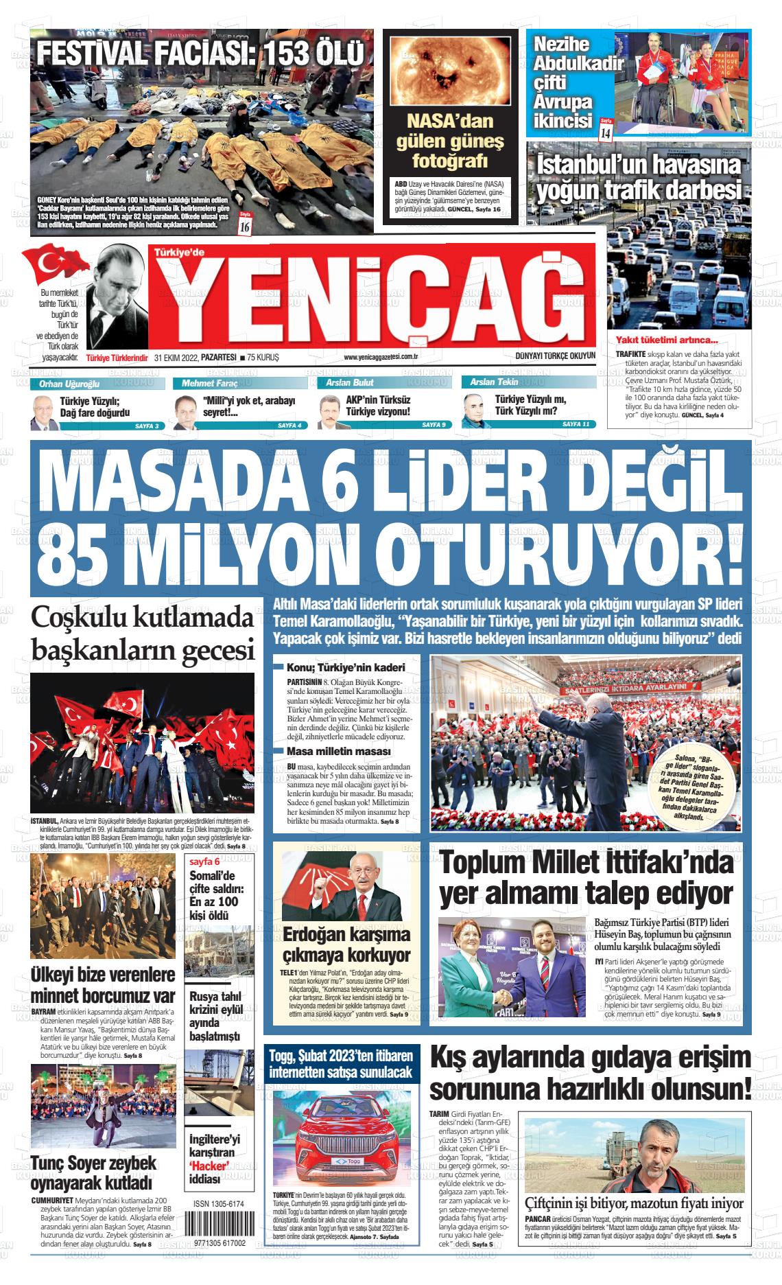 31 Ekim 2022 Yeniçağ Gazete Manşeti