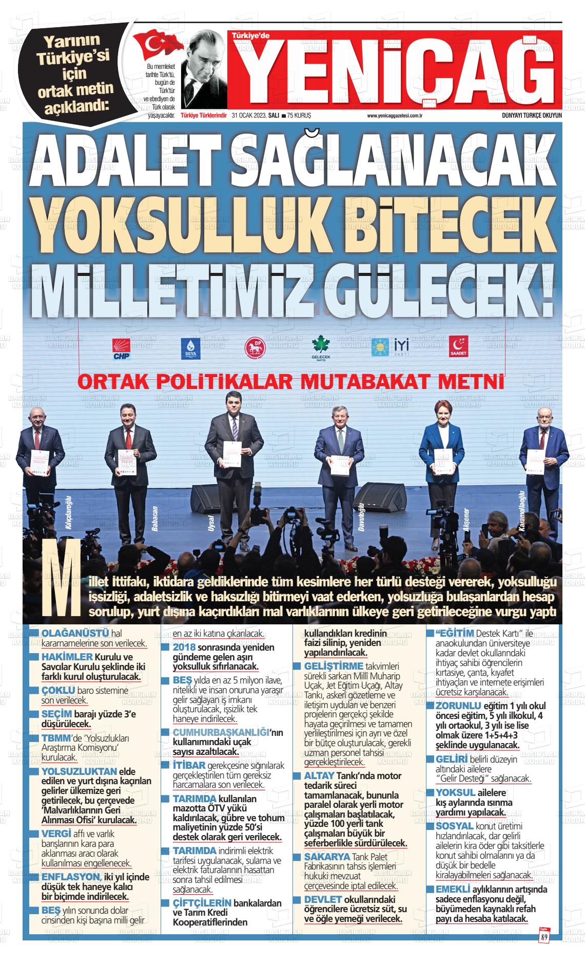 31 Ocak 2023 Yeniçağ Gazete Manşeti