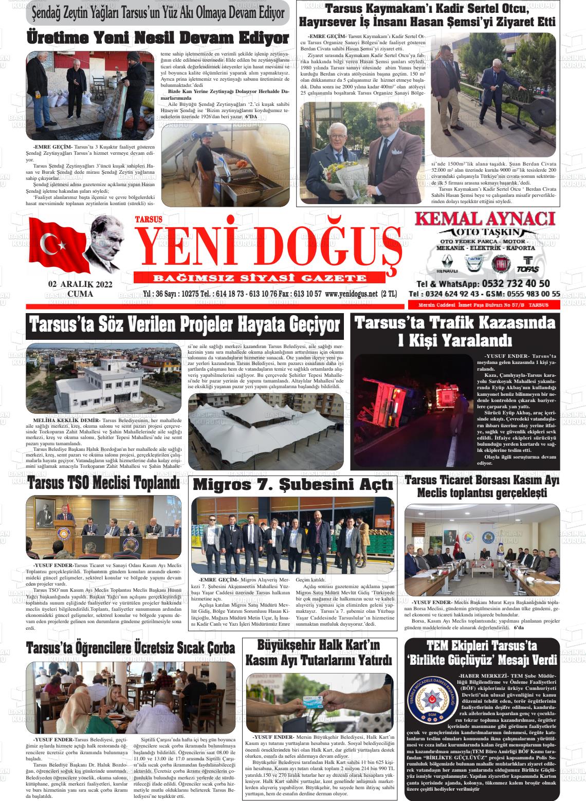 02 Aralık 2022 Tarsus Yeni Doğuş Gazete Manşeti