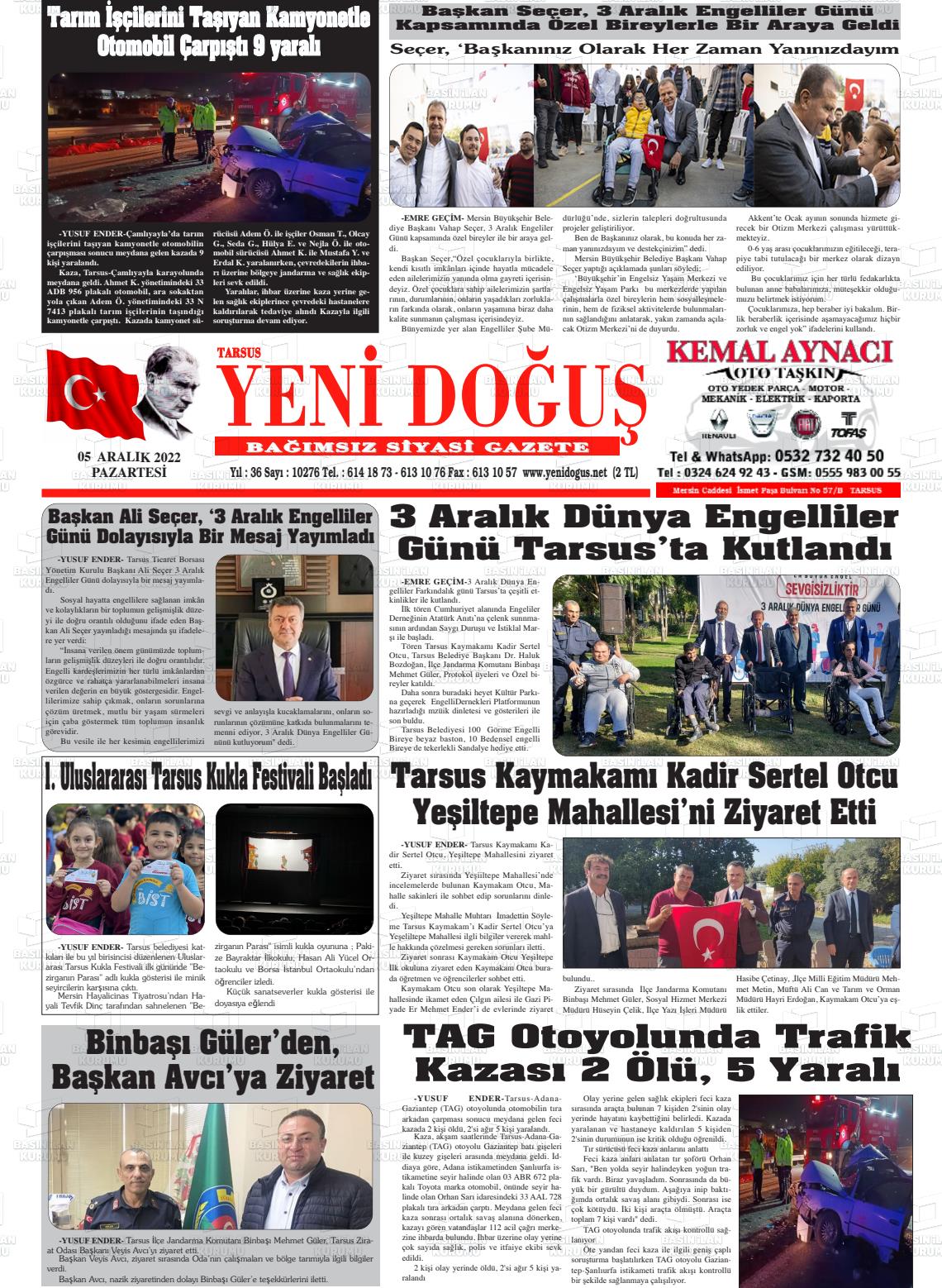 05 Aralık 2022 Tarsus Yeni Doğuş Gazete Manşeti