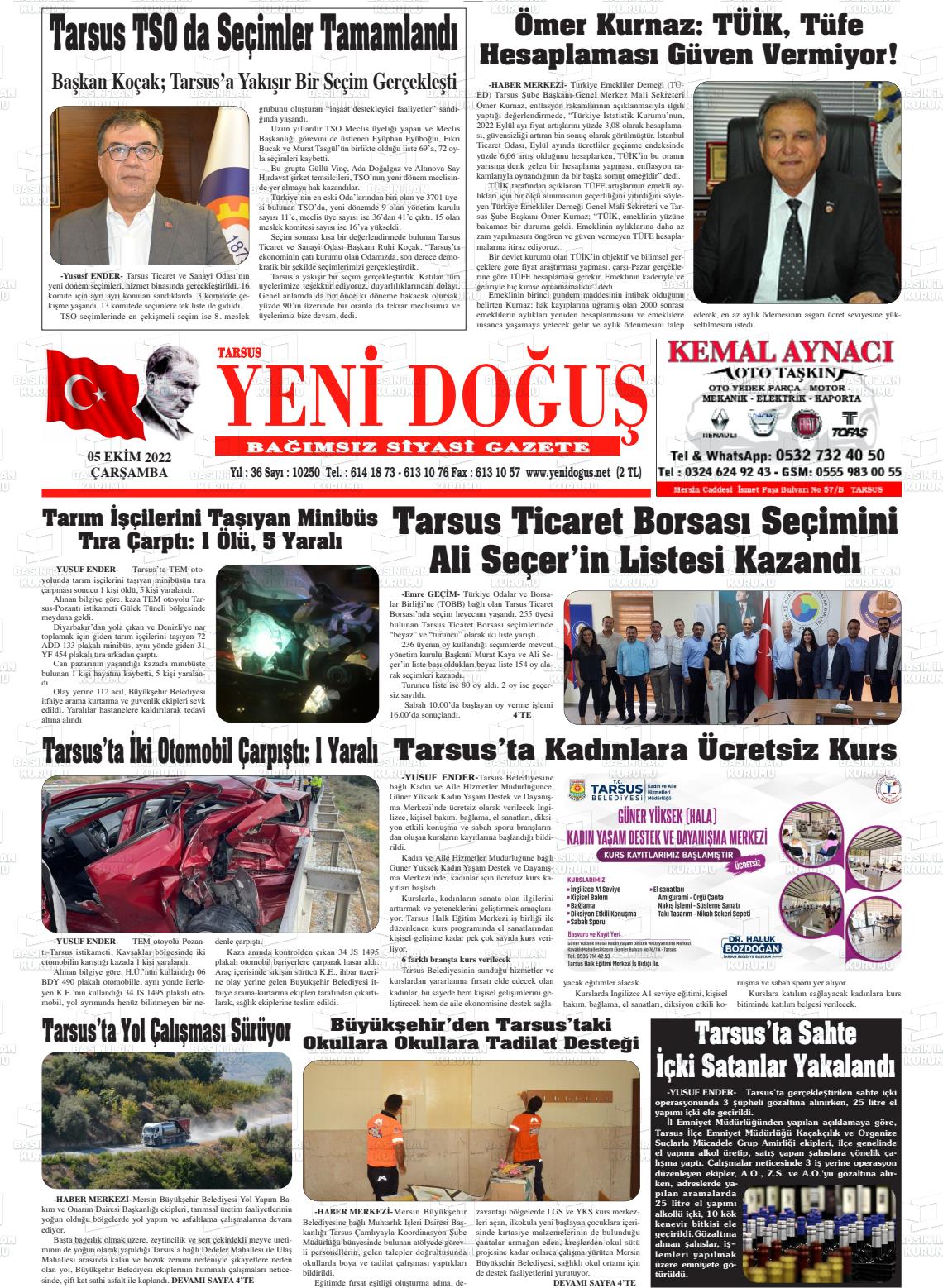 05 Ekim 2022 Tarsus Yeni Doğuş Gazete Manşeti