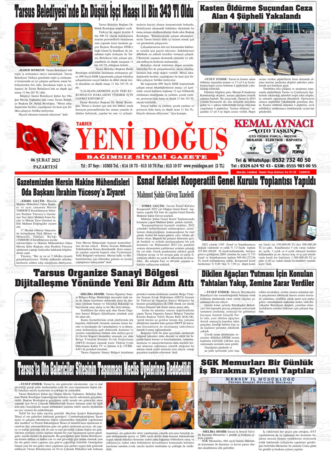 06 Şubat 2023 Tarsus Yeni Doğuş Gazete Manşeti