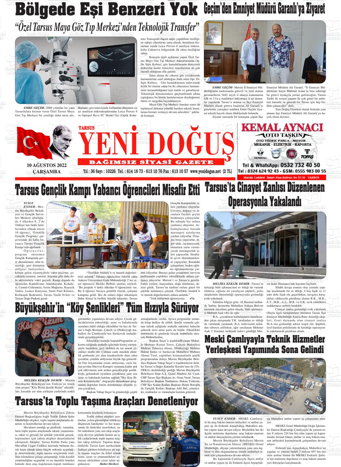 10 Ağustos 2022 Tarsus Yeni Doğuş Gazete Manşeti
