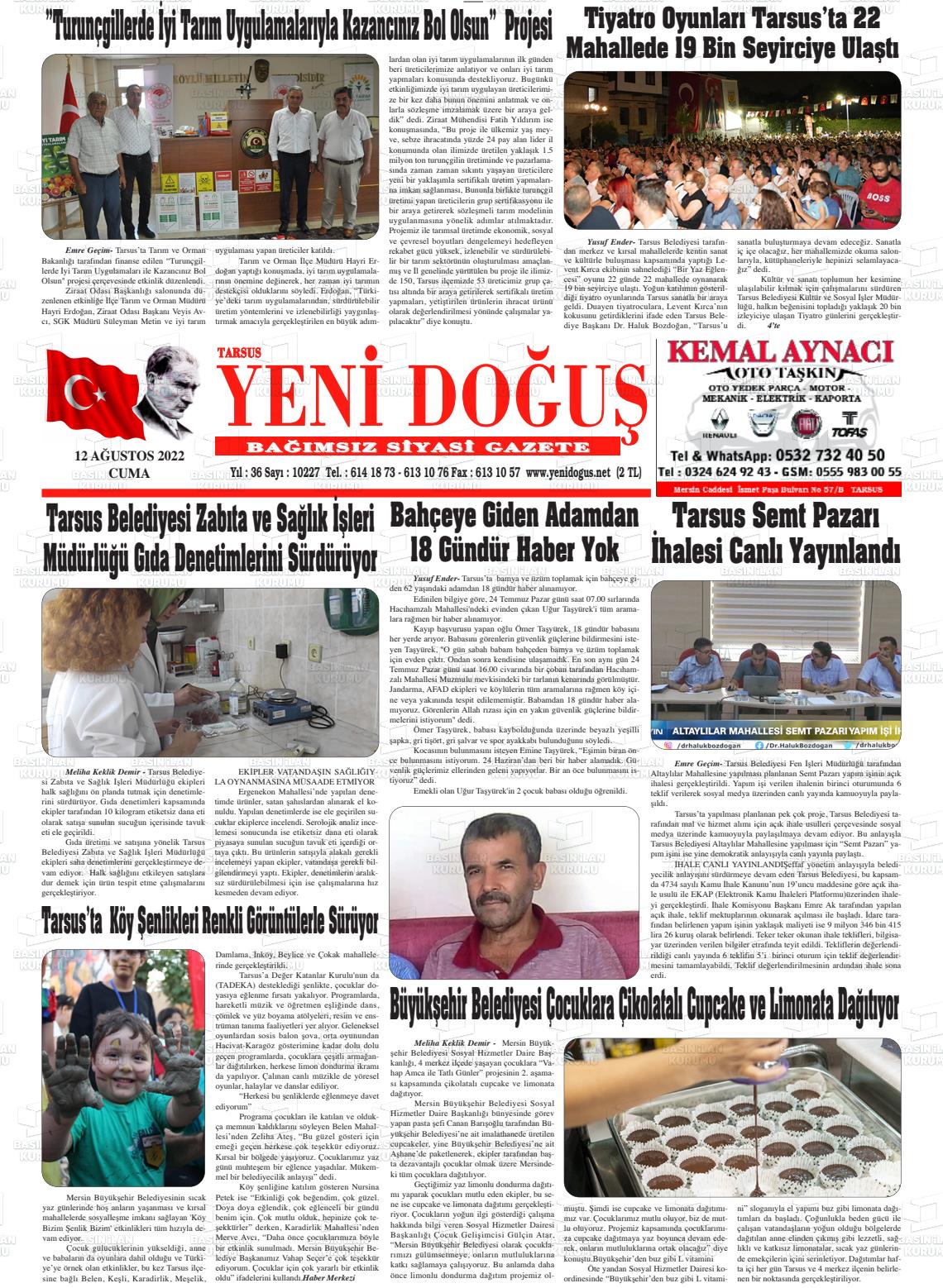 12 Ağustos 2022 Tarsus Yeni Doğuş Gazete Manşeti