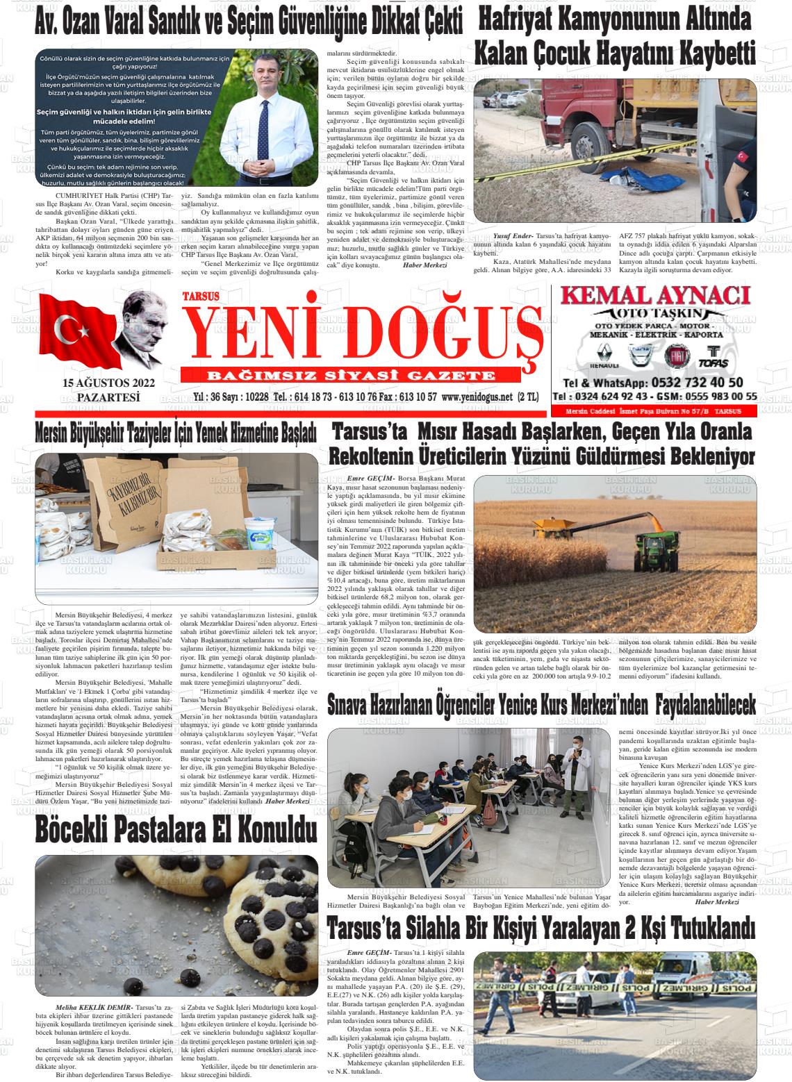 15 Ağustos 2022 Tarsus Yeni Doğuş Gazete Manşeti