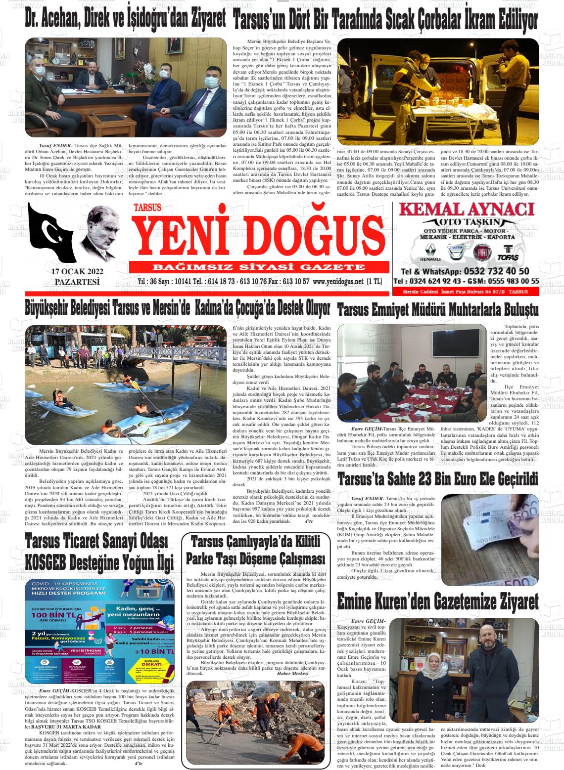 17 Ocak 2022 Tarsus Yeni Doğuş Gazete Manşeti