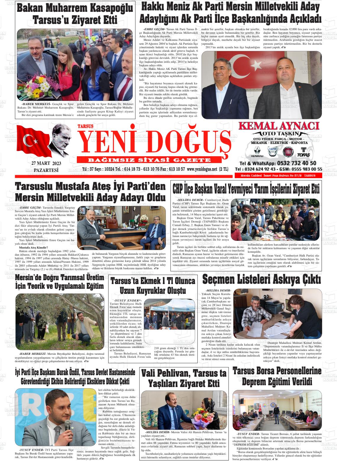 27 Mart 2023 Tarsus Yeni Doğuş Gazete Manşeti