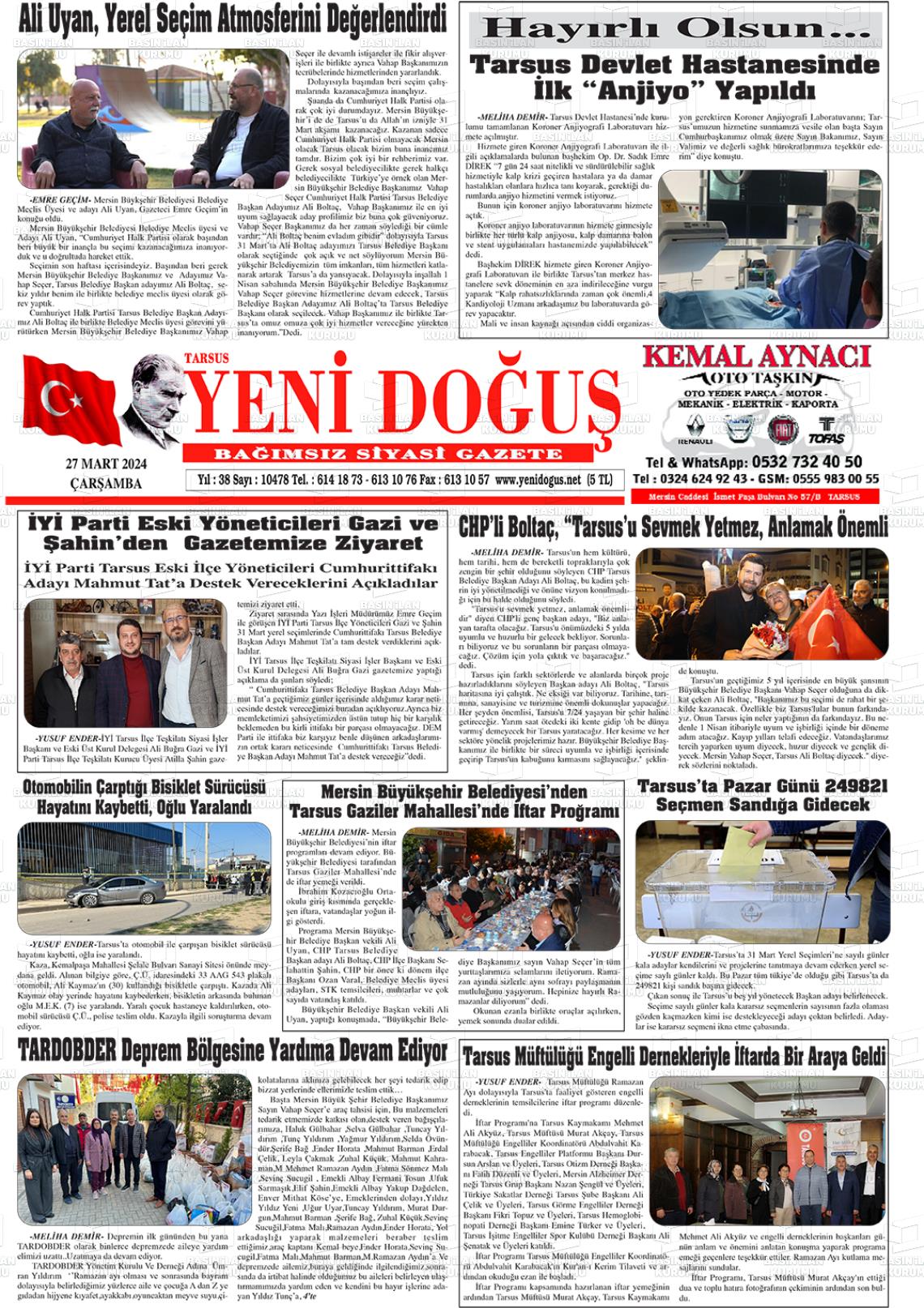 27 Mart 2024 Tarsus Yeni Doğuş Gazete Manşeti