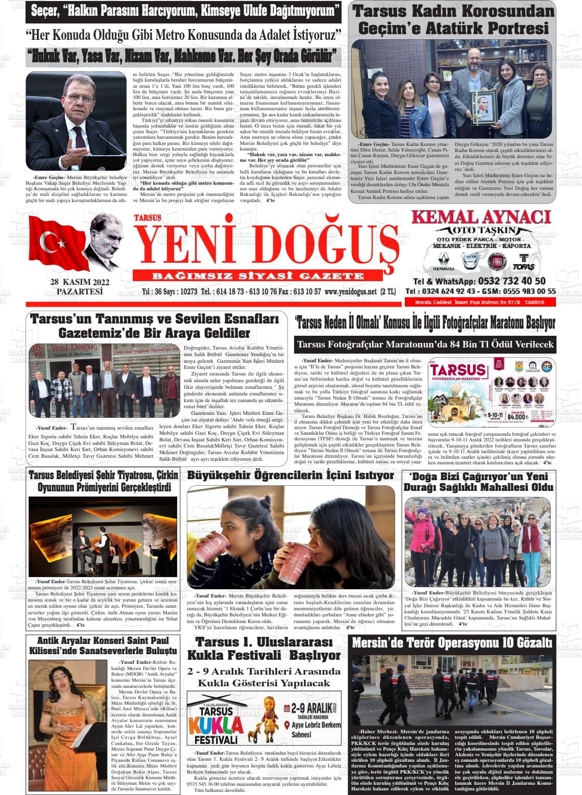 28 Kasım 2022 Tarsus Yeni Doğuş Gazete Manşeti