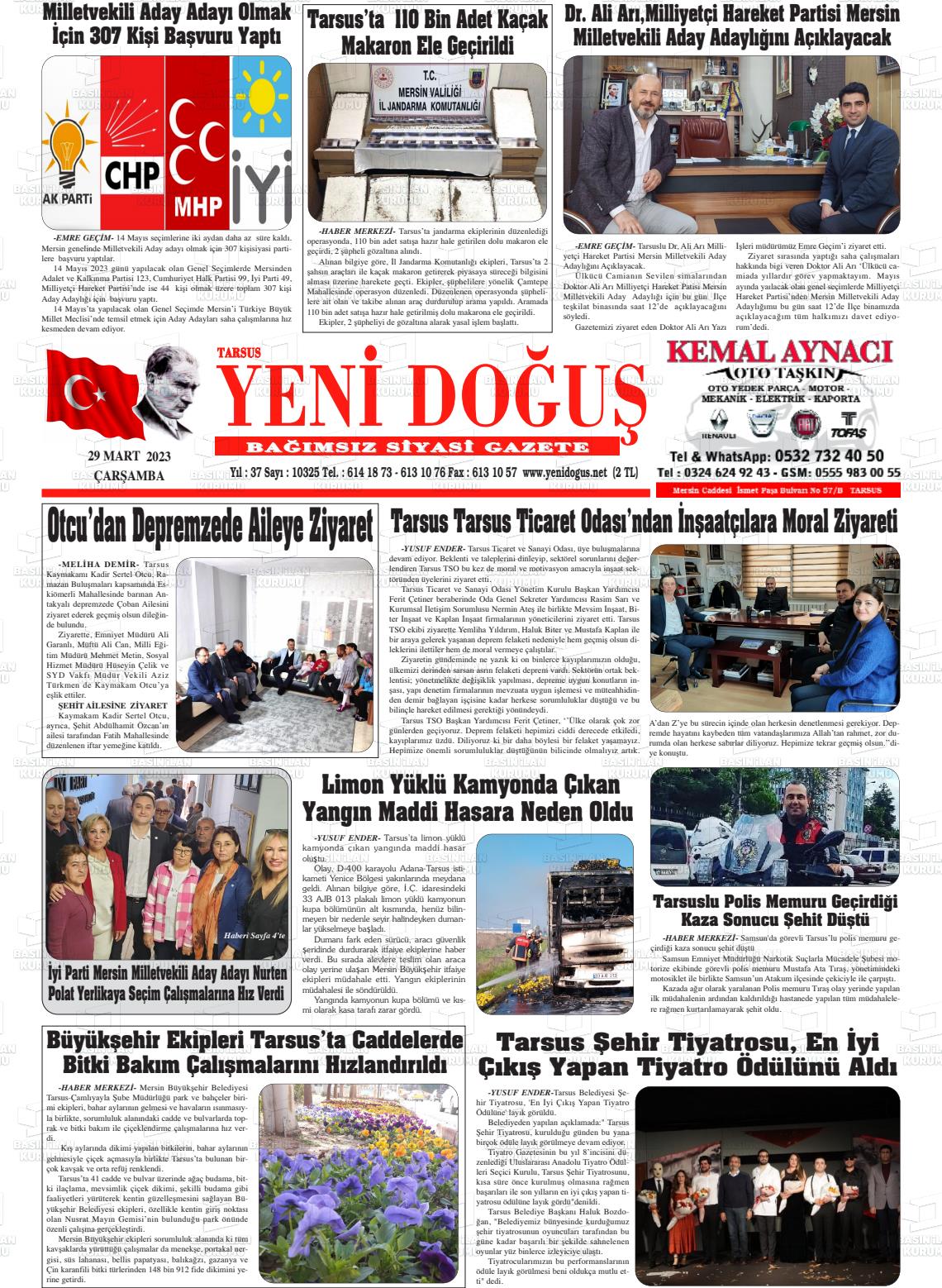 29 Mart 2023 Tarsus Yeni Doğuş Gazete Manşeti