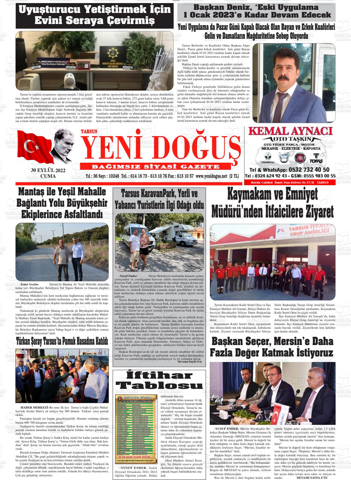 30 Eylül 2022 Tarsus Yeni Doğuş Gazete Manşeti