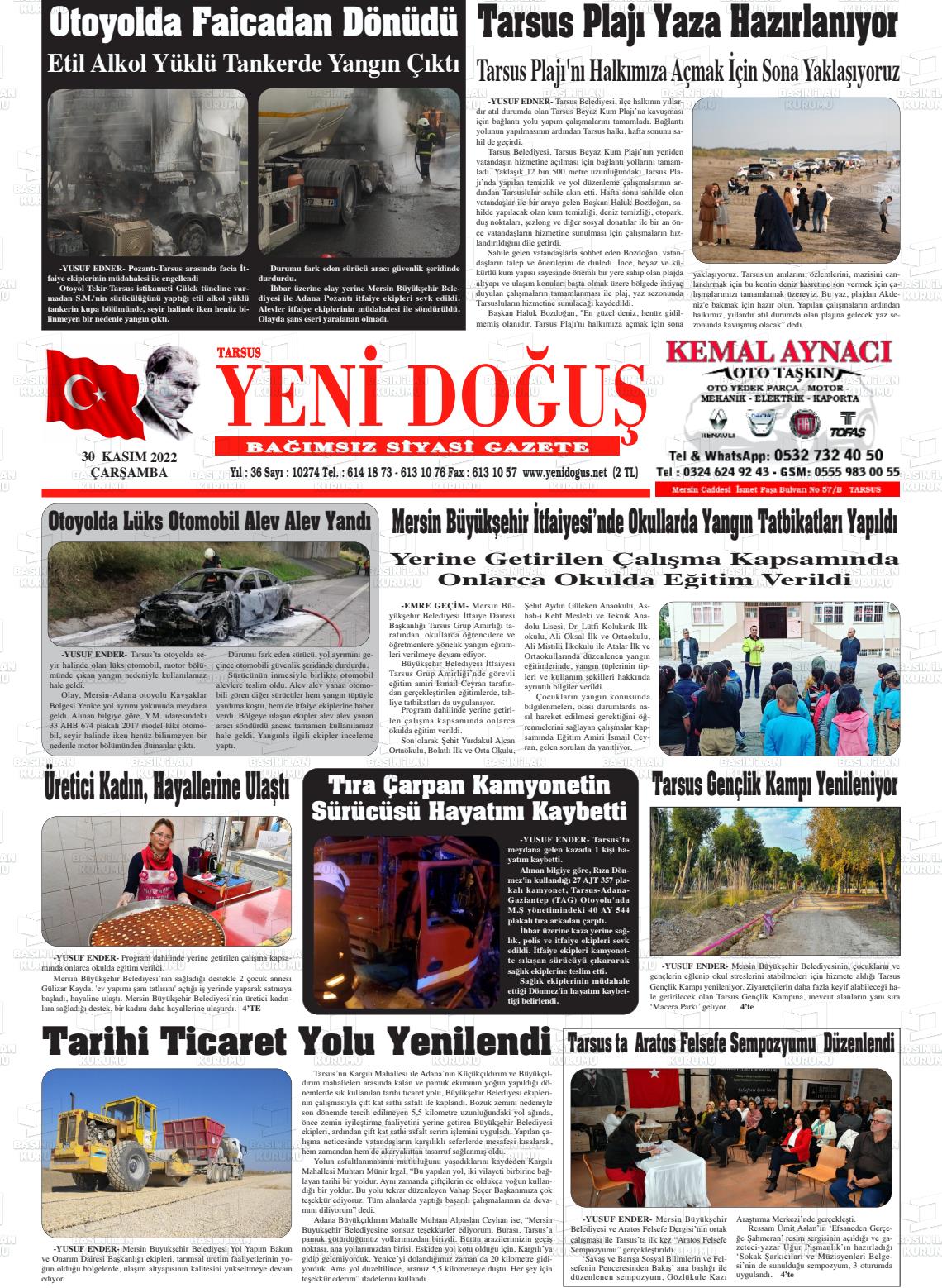 30 Kasım 2022 Tarsus Yeni Doğuş Gazete Manşeti