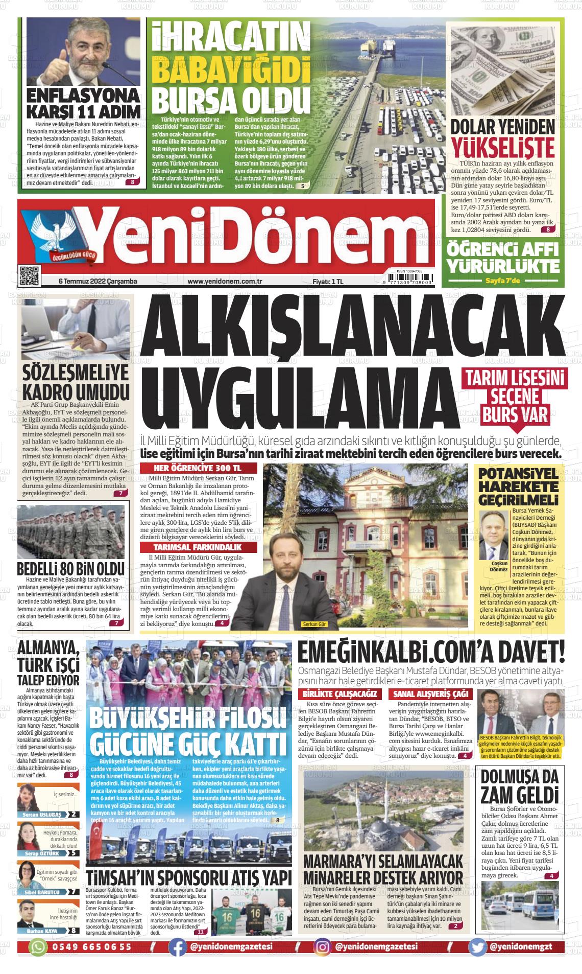 06 Temmuz 2022 Yeni Dönem Gazete Manşeti