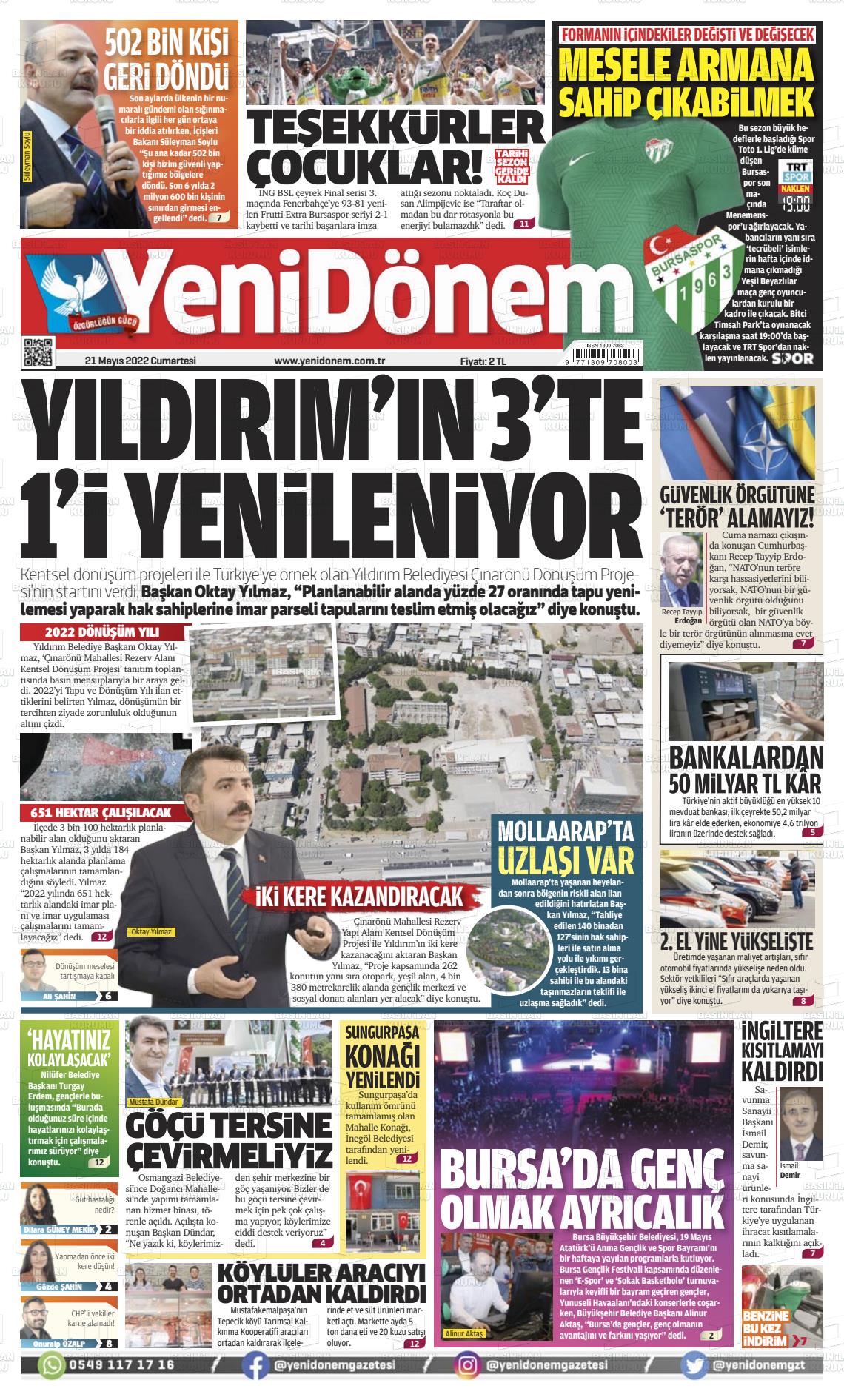 21 Mayıs 2022 Yeni Dönem Gazete Manşeti