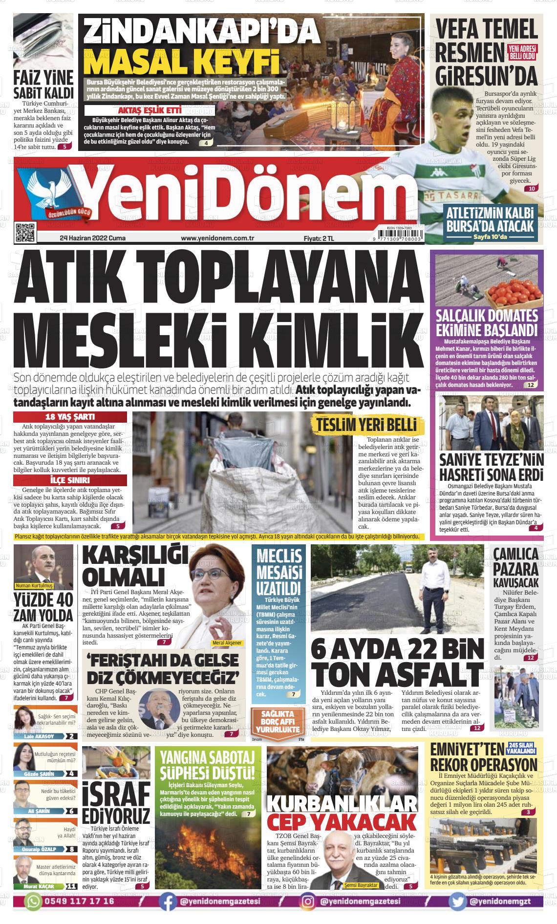 24 Haziran 2022 Yeni Dönem Gazete Manşeti