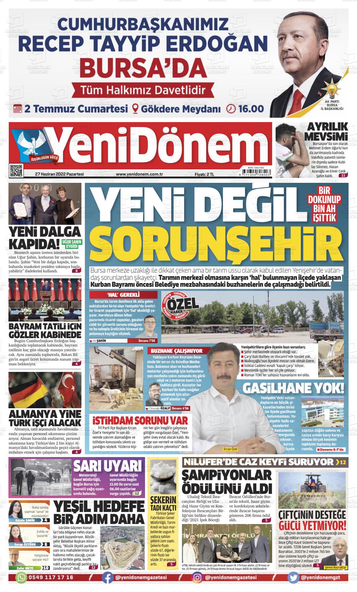 27 Haziran 2022 Yeni Dönem Gazete Manşeti