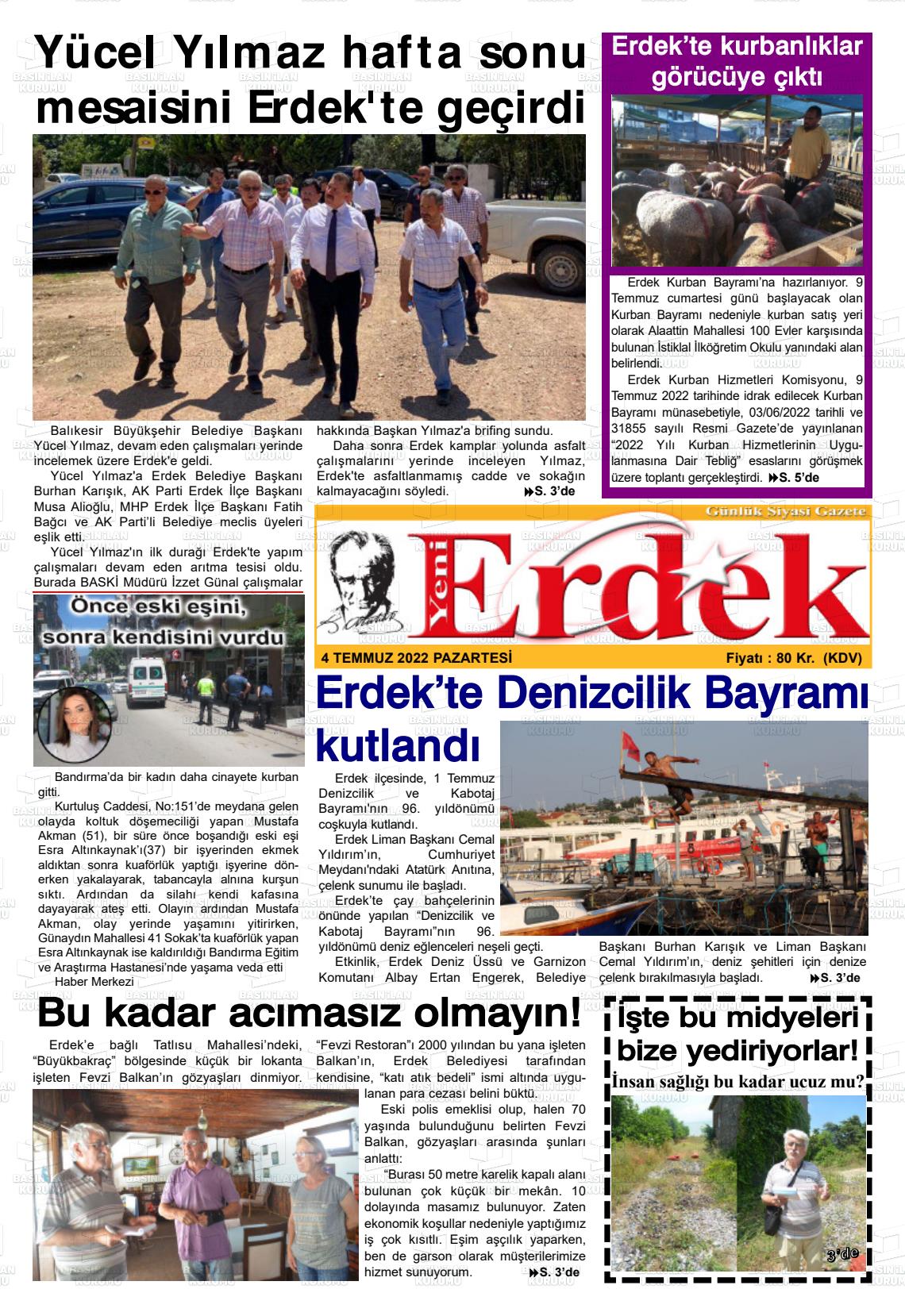 04 Temmuz 2022 Yeni Erdek Gazete Manşeti