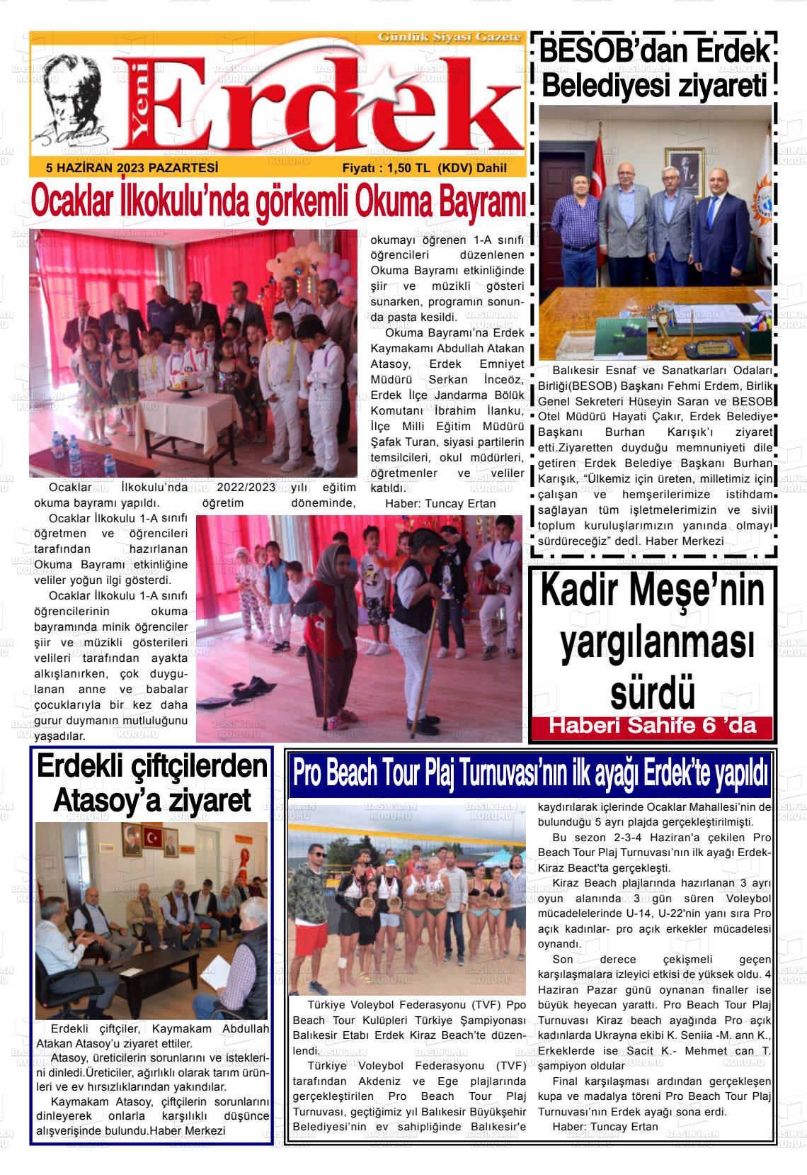 05 Haziran 2023 Yeni Erdek Gazete Manşeti