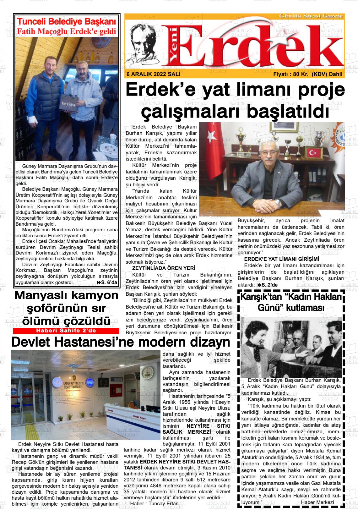 06 Aralık 2022 Yeni Erdek Gazete Manşeti