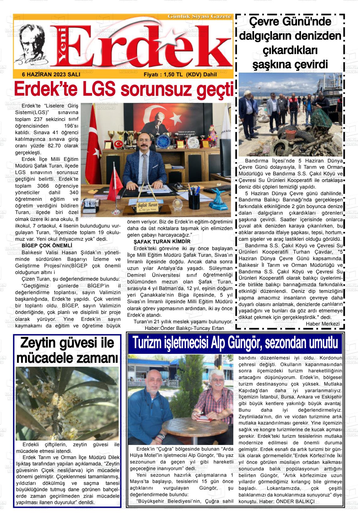 06 Haziran 2023 Yeni Erdek Gazete Manşeti