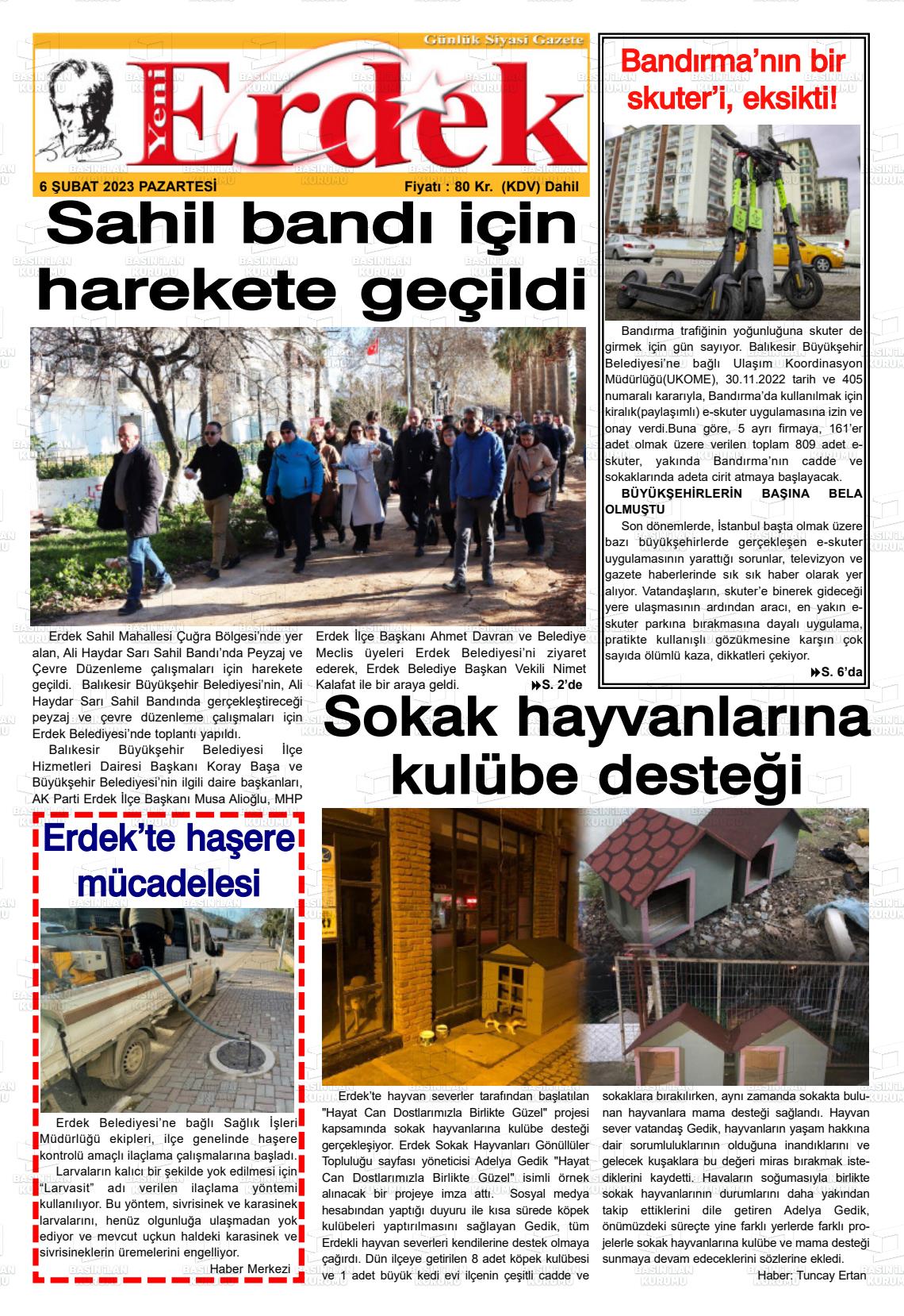 06 Şubat 2023 Yeni Erdek Gazete Manşeti