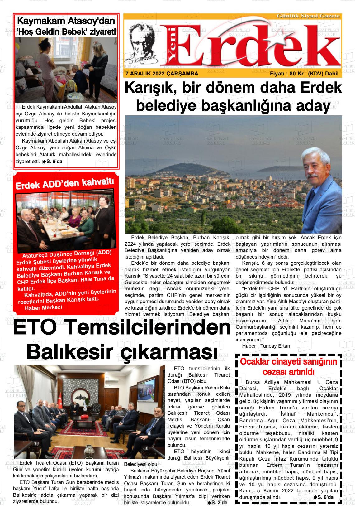 07 Aralık 2022 Yeni Erdek Gazete Manşeti