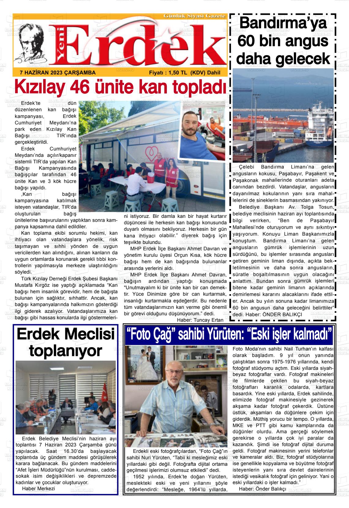 07 Haziran 2023 Yeni Erdek Gazete Manşeti