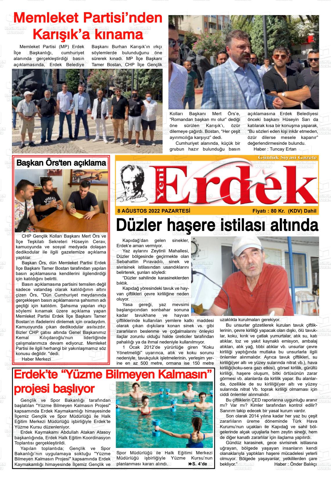 08 Ağustos 2022 Yeni Erdek Gazete Manşeti