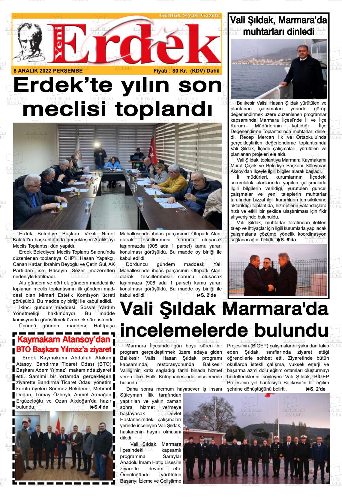 08 Aralık 2022 Yeni Erdek Gazete Manşeti