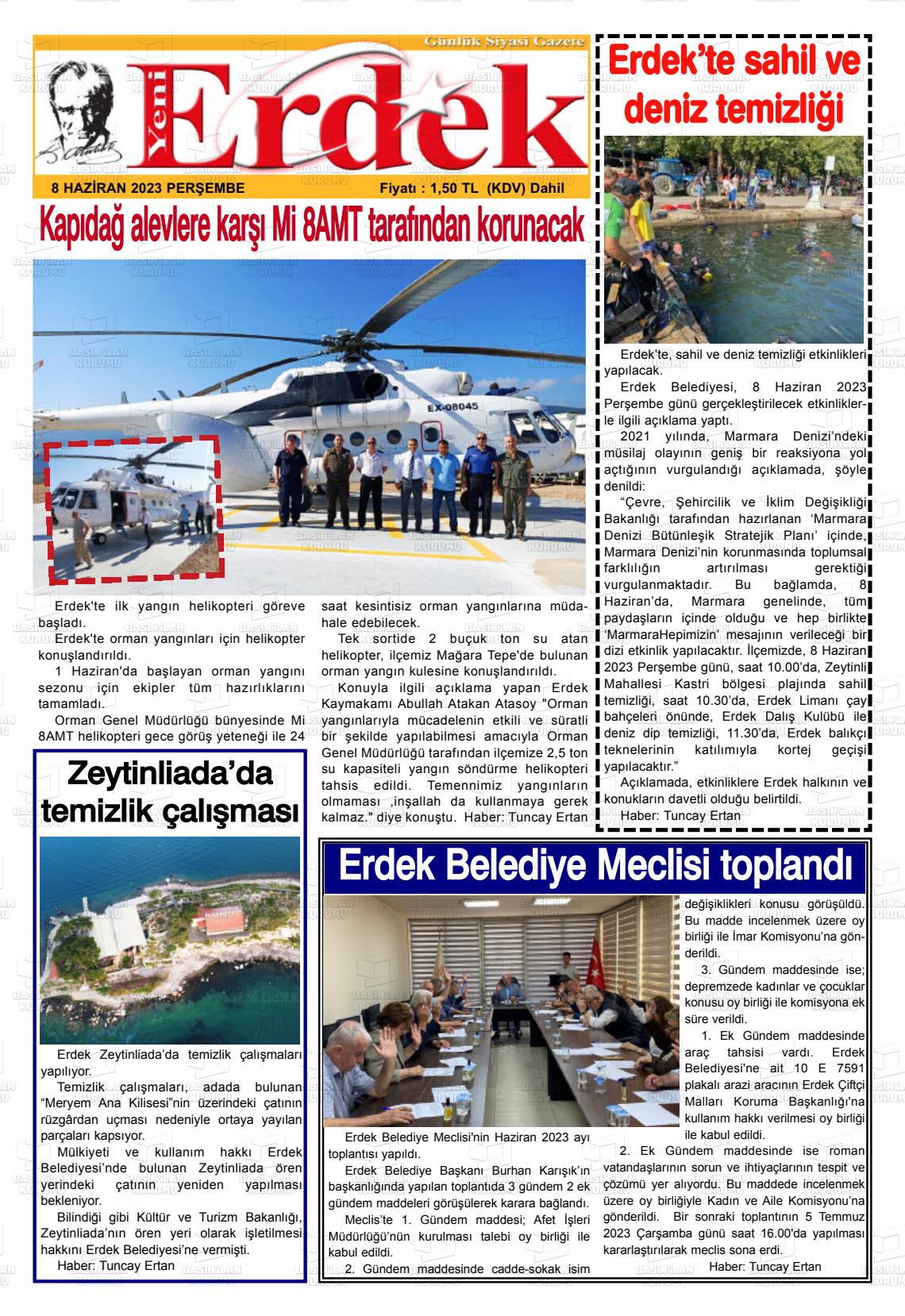 08 Haziran 2023 Yeni Erdek Gazete Manşeti