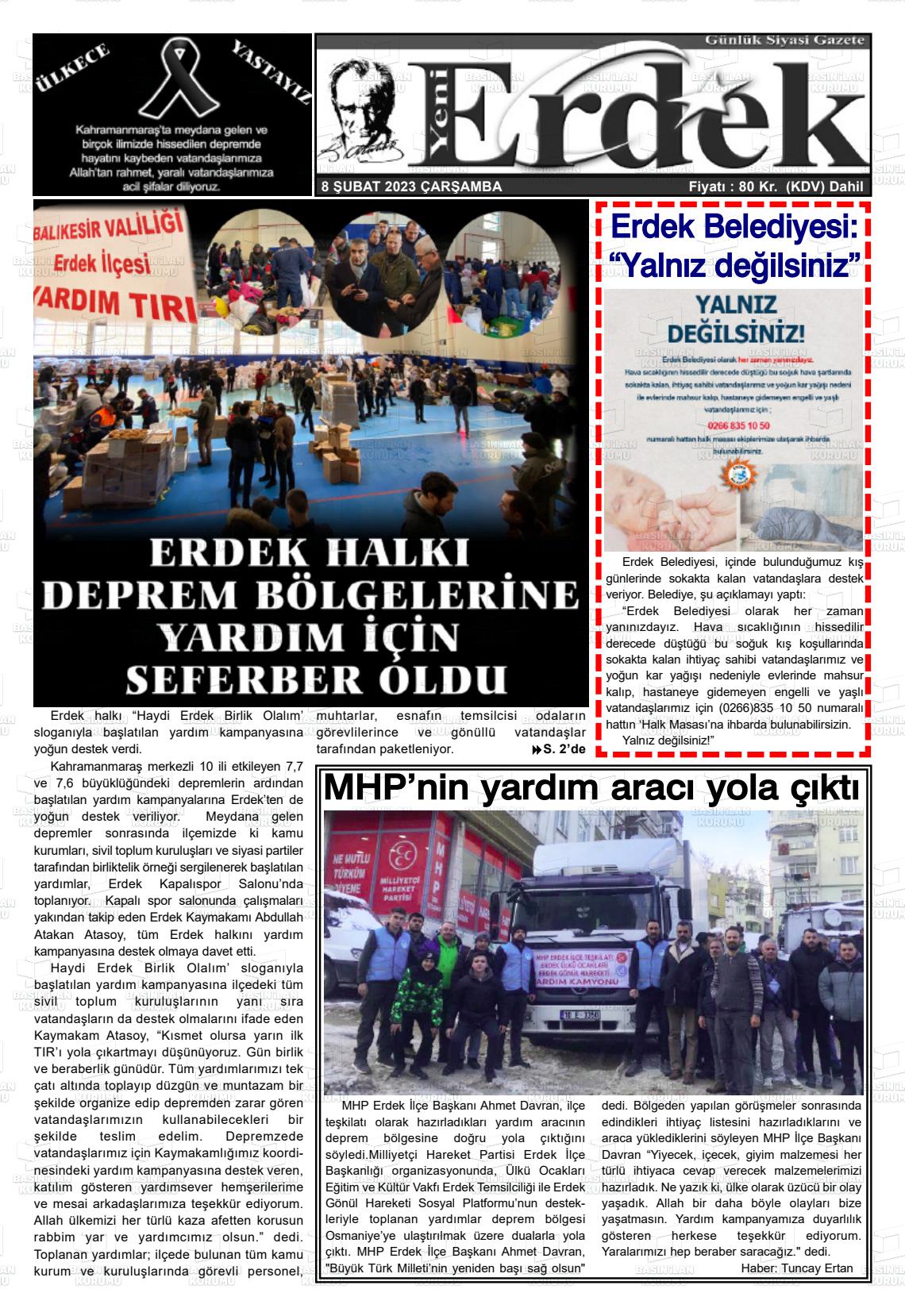 08 Şubat 2023 Yeni Erdek Gazete Manşeti