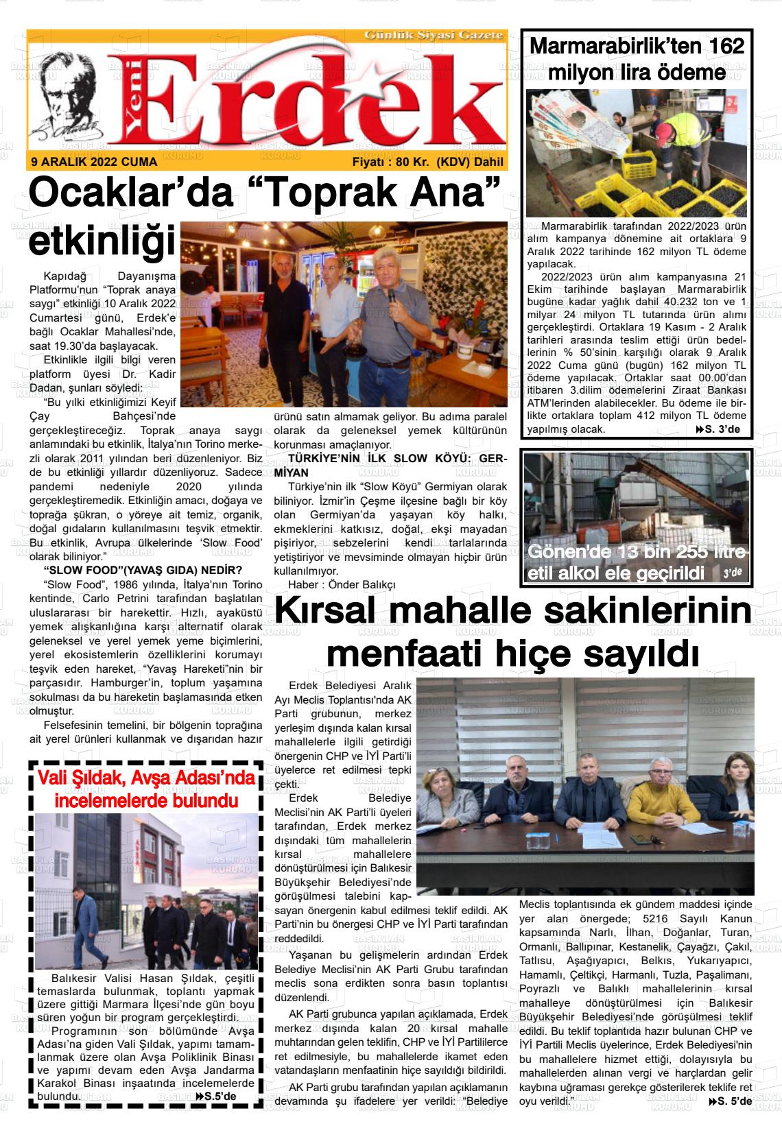 09 Aralık 2022 Yeni Erdek Gazete Manşeti