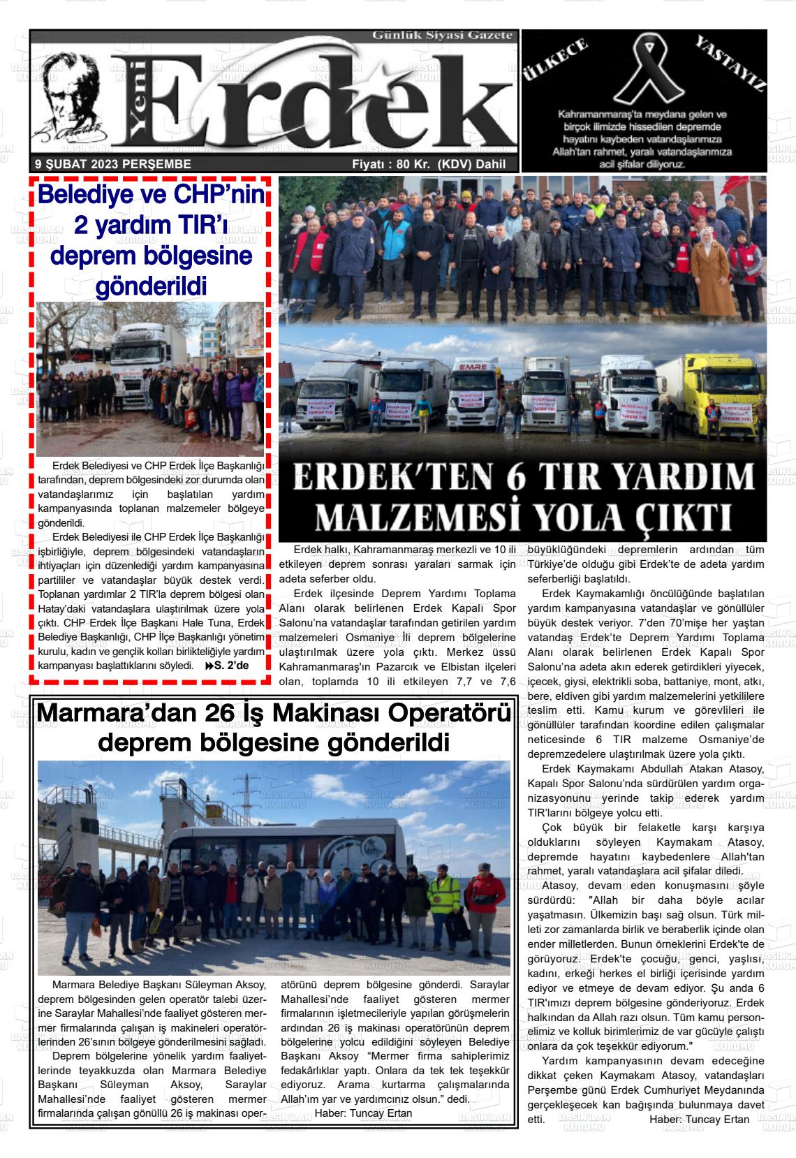 09 Şubat 2023 Yeni Erdek Gazete Manşeti