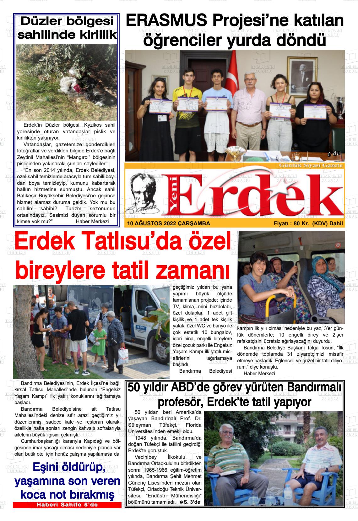 10 Ağustos 2022 Yeni Erdek Gazete Manşeti
