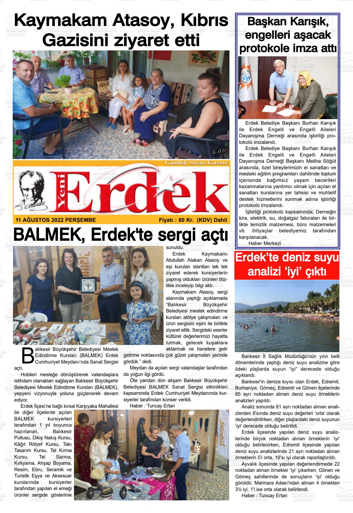 11 Ağustos 2022 Yeni Erdek Gazete Manşeti