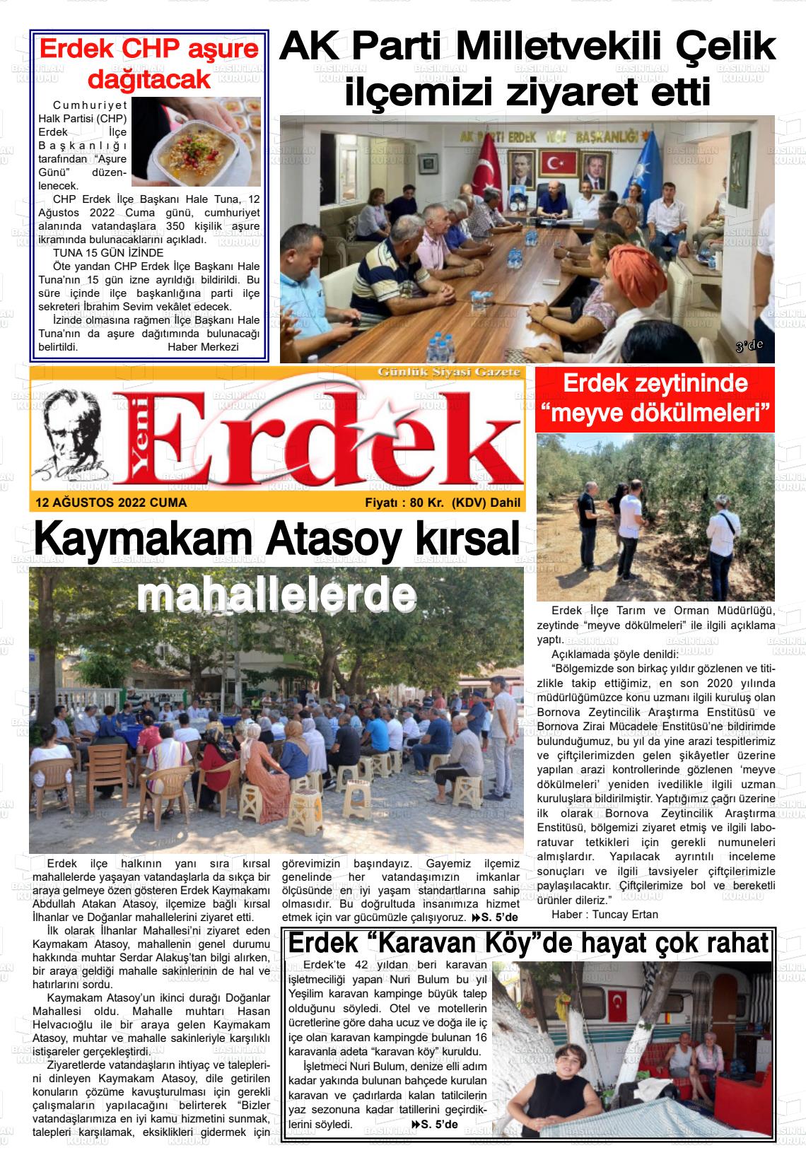 12 Ağustos 2022 Yeni Erdek Gazete Manşeti