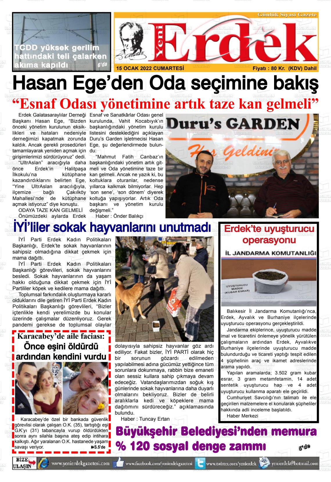 15 Ocak 2022 Yeni Erdek Gazete Manşeti