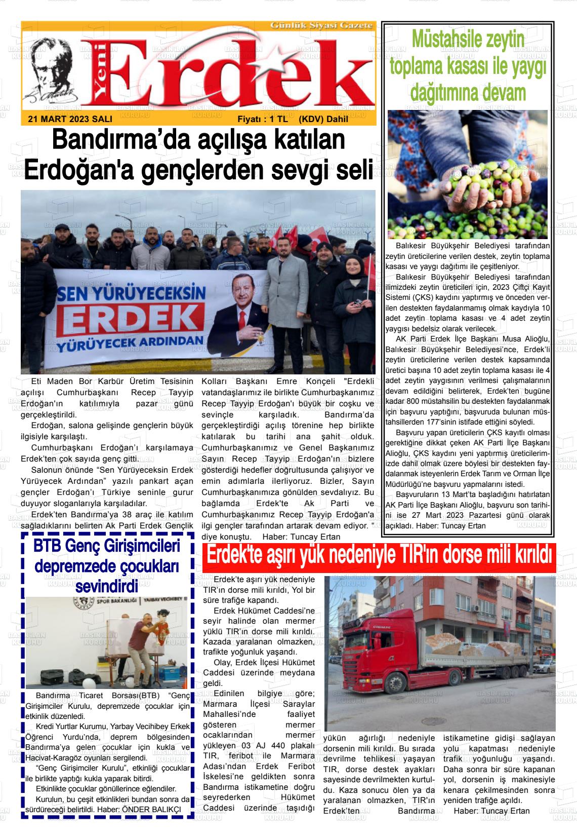 21 Mart 2023 Yeni Erdek Gazete Manşeti