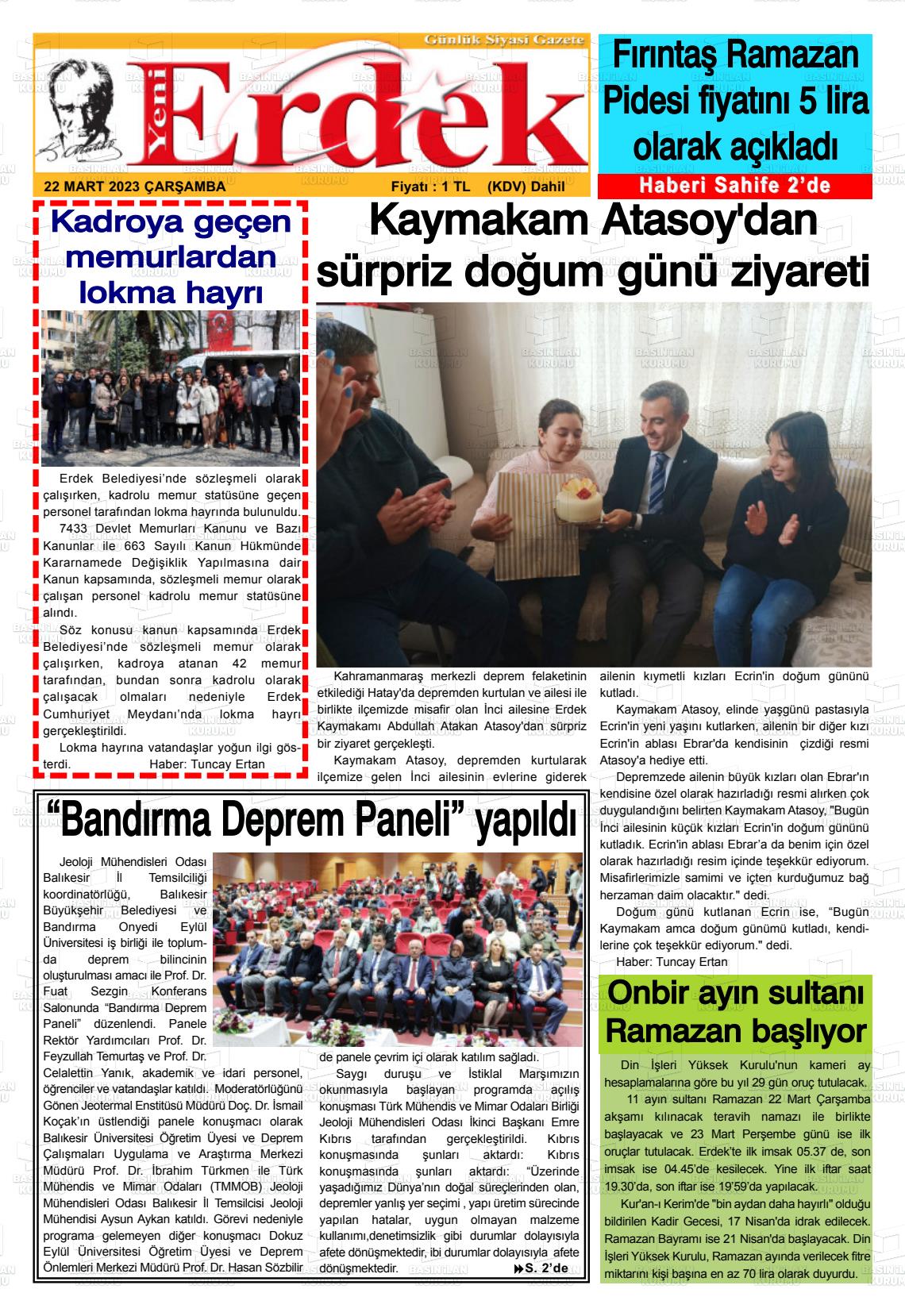 22 Mart 2023 Yeni Erdek Gazete Manşeti
