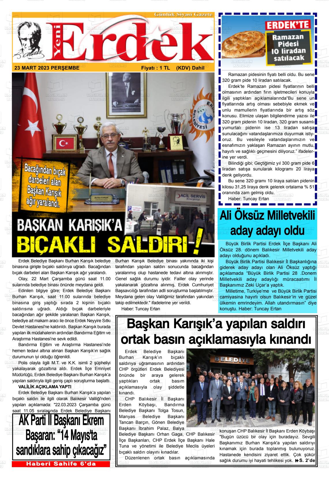 23 Mart 2023 Yeni Erdek Gazete Manşeti