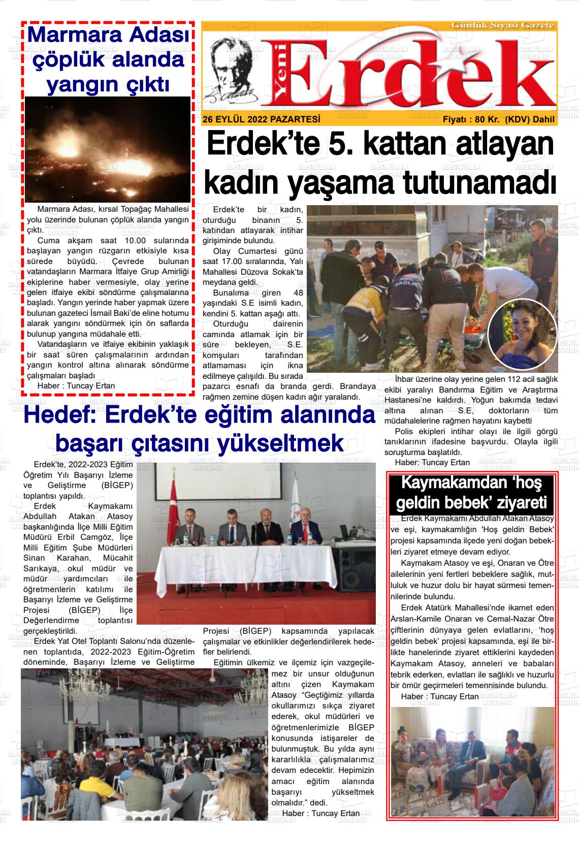 26 Eylül 2022 Yeni Erdek Gazete Manşeti