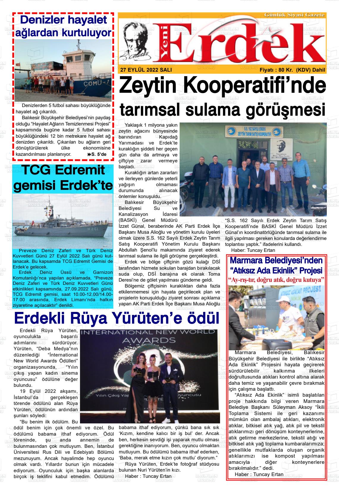 27 Eylül 2022 Yeni Erdek Gazete Manşeti
