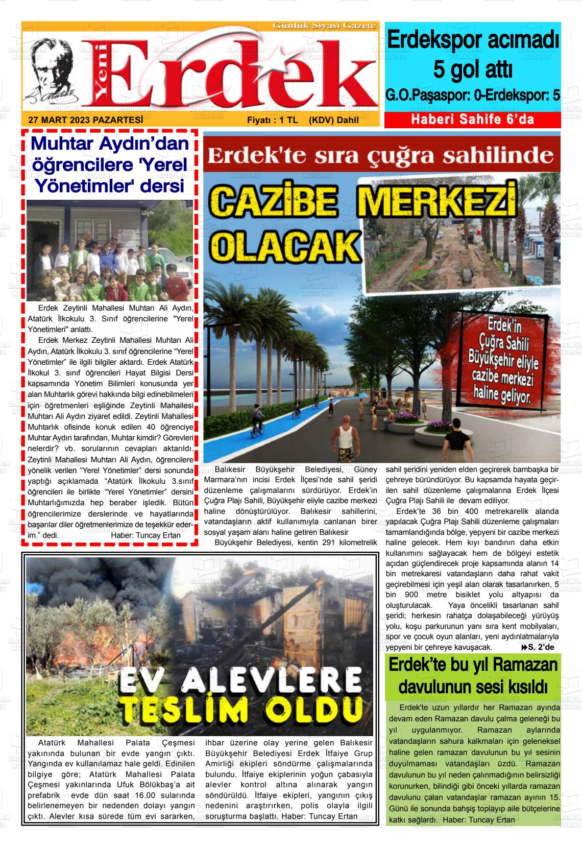 27 Mart 2023 Yeni Erdek Gazete Manşeti